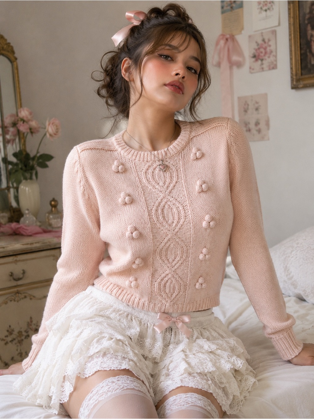 Vintage Soft Pink Knit Pom-Pom Cable Crewneck Sweater
